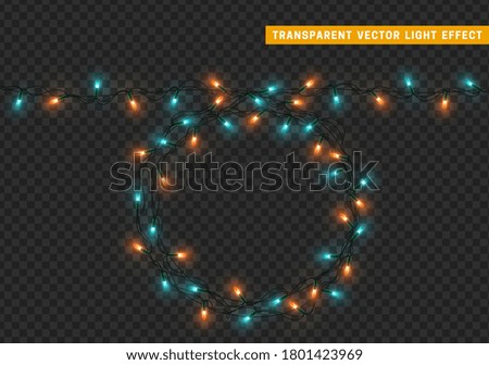 Christmas lights garlands. Festive design elements. Celebrate realistic object. Holiday Xmas Decor. New Year light effects isolated. Vector illustration.