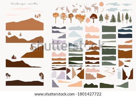 Set of abstract shapes for landscape creator. Abstract mountains, hills, tree, animal, clouds, sun, moon and roads. Editable vector illustration