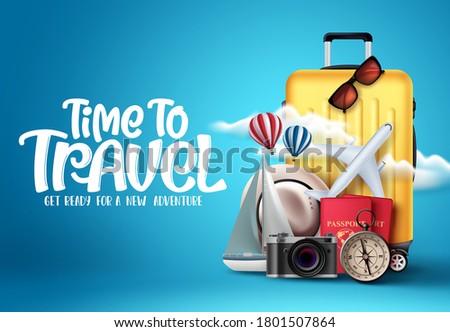 Time to travel vector design. Time to travel text in empty space with traveling elements like luggage, bags, passport, camera and compass in blue background. Vector illustration.
 Royalty-Free Stock Photo #1801507864