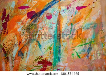 Background image of the acrylic paintings. The colorful texture of various hand painting strokes,  red, blue, yellow, green, pink and orange color. 