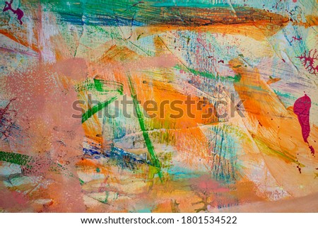 Background image of the acrylic paintings. The colorful texture of various hand painting strokes,  red, blue, yellow, green, pink and orange color. 