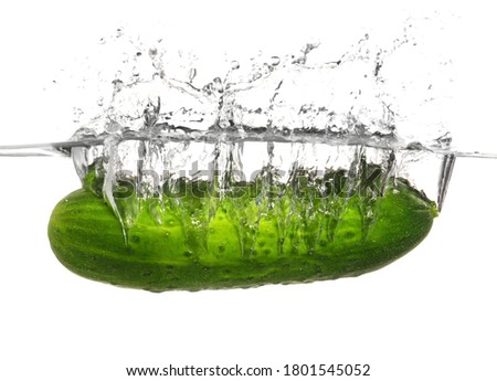 Falling of fresh cucumber into water against white background