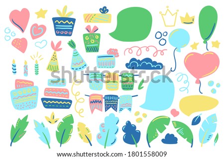 Birthday party vector clipart on white background. Colorful b-day decor for baby shower or kids birthday party. Party hat, speeck bubble, ribbon banner and birthday cake. Kids party clip art