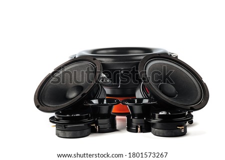 Car audio, car speakers, black subwoofer on a white background. Copy space, isolated