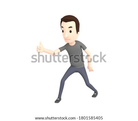 Character cartoon guy in a Grey T-shirt shows thumb up. 3d rendering. Illustration.