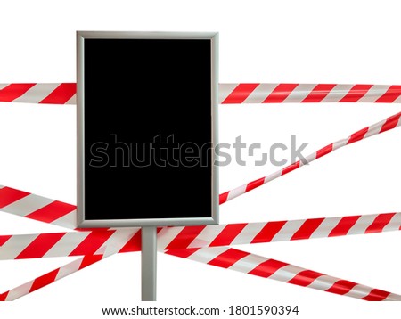 Red and white lines of barrier tape on white isolate and frame with place for your inscription. Pass is forbidden, security tape. Signal tape that prohibits entry to the object. Copyright space