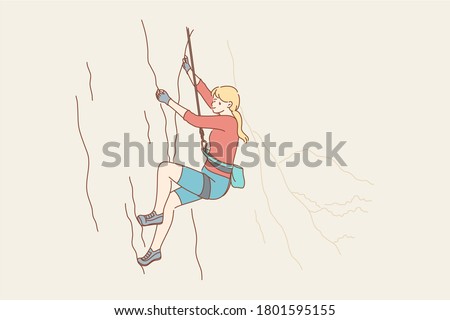 Sport, mountaineering, tourism, adventure, danger, activity concept. Young woman girl athlete cartoon character climbing rock or mountain. Active recreation or hobby and extreme lifestyle illustration
