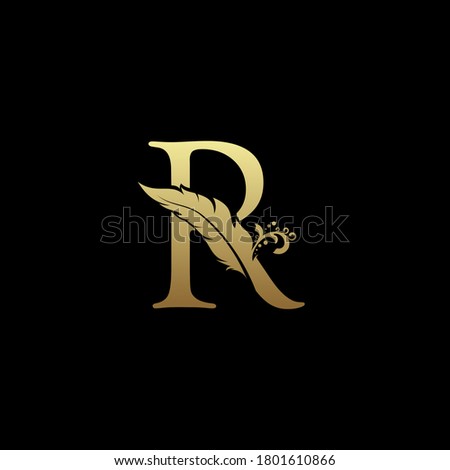 Luxury Feather Letter R logo Template. Gold Design Concept