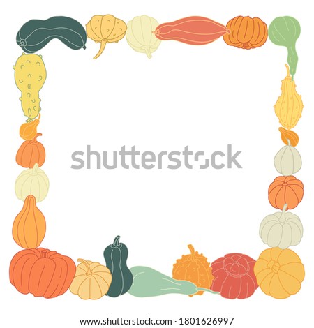 Vector square frame with colorful squashes and gourds isolated on white background. Autumn farming garden theme. Different varieties of pumpkins. Great template for cards, flyers, autumn events.