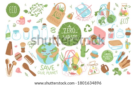 A collection of sustainable, reusable items and packaging. Conscious consumption. Zero Waste, glass jars, eco bags, string bag, wooden cutlery, brushes, menstrual cup, dishes. Flat vector illustration