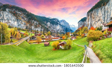 Astonishing autumn view of Lauterbrunnen valley with gorgeous Staubbach waterfall and Swiss Alps in the background.  Location: Lauterbrunnen village, Berner Oberland, Switzerland, Europe.




 Royalty-Free Stock Photo #1801643500