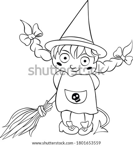Cute little girl in costume of witch drawn in cartoon doodle style. Vector outline illustration isolated on white background. For coloring book page, halloween design, greeting card