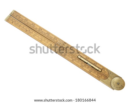 carpenter's rule of 19th century with brass level front view isolated on white with clipping path
