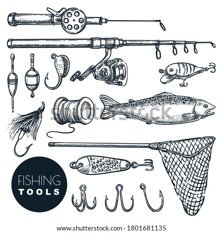 Fishing equipment isolated on white background. Vector hand drawn sketch illustration. Rod, bait, hook, salmon fish, tackle icon set