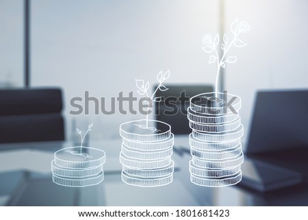 Creative concept of cash savings and modern desktop with computer on background. Retirement savings and capital increase concept. Multiexposure