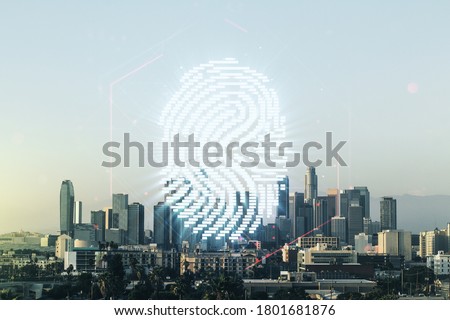 Double exposure of virtual creative fingerprint hologram on Los Angeles city skyscrapers background, research and development concept