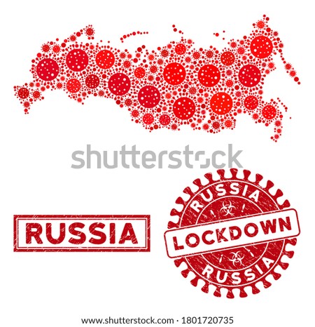 Coronavirus mosaic Russia map and seal stamps. Red round lockdown distress seal stamp. Vector coronavirus pathogen icons are combined into mosaic Russia map. Vector composition for health care,