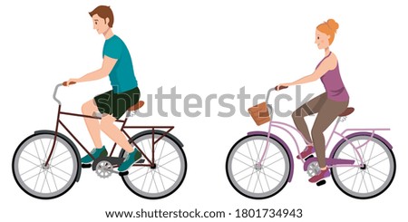 Man and woman riding bicycle. Male and female characters in cartoon style.
