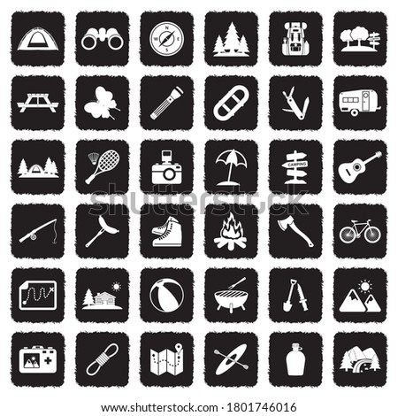 Camping Icons. Grunge Black Flat Design. Vector Illustration.