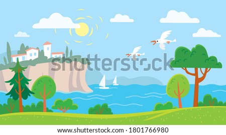 Sea shore landscape with harbor, sailboats, seagull and rocks. Cartoon panoramic view.