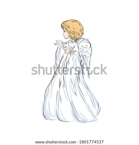 Angel prays to God. Divine heavenly symbol of the guardian angel of man. Character from Bible, Gospel. Design for Christmas and Easter. Hand drawn clip art