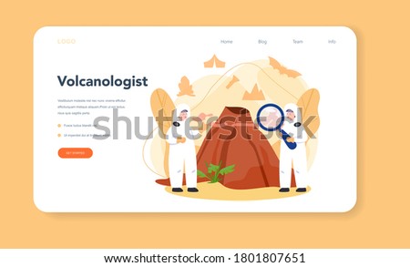 Volcanologist web banner or landing page. Geologist studying the processes and activity of volcanoes and current and historic eruption. Isolated vector illustration