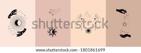 Set of alchemy esoteric mystical magic celestial talisman with woman hands, sun, moon, stars sacred geometry isolated. Spiritual occultism object. Vector illustrations in black outline style Royalty-Free Stock Photo #1801861699