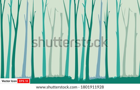 Vector landscape with silhouette of trees in misty forest. 