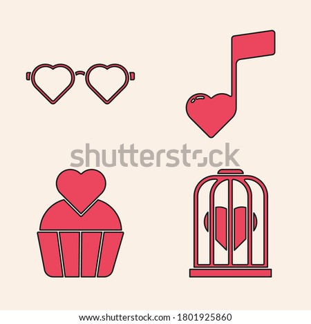 Set Heart in the bird cage, Heart shaped love glasses, Music note, tone with hearts and Wedding cake with heart icon. Vector