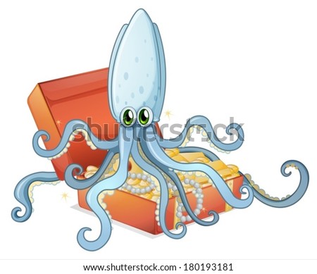 Illustration of a treasure box with an octopus on a white background