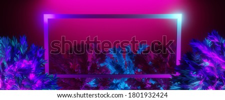Neon color frame glowing middle of tropical plants in jungle. 3D rendering illustration.