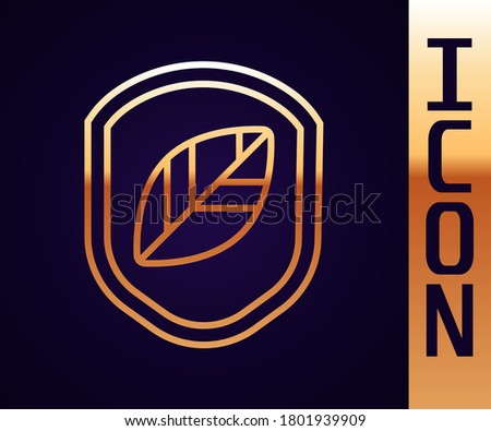 Gold line Shield with leaf icon isolated on black background. Eco-friendly security shield with leaf.  Vector Illustration