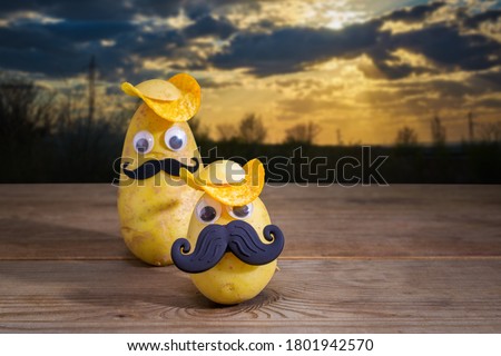 funny potatoes in a hat and with a mustache on the background of nature