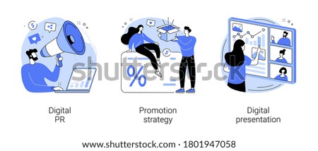 Online marketing campaign abstract concept vector illustration set. Digital PR, promotion strategy, digital presentation, reputation management, customer loyalty, brand awareness abstract metaphor. Royalty-Free Stock Photo #1801947058