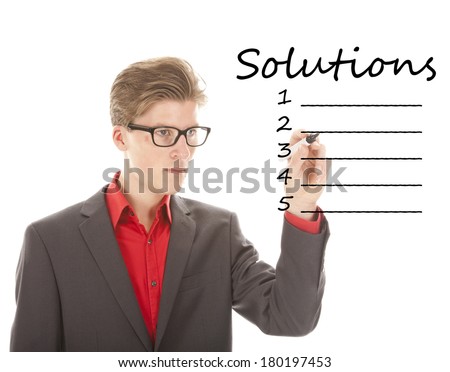 Young man writing solution items isolated on white background