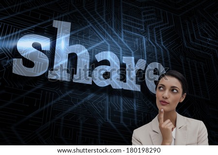 The word share and smiling businesswoman thinking against futuristic black and blue background
