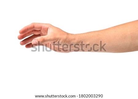 Man hand stretches out to take, arm body part of people isolated on white background. Royalty-Free Stock Photo #1802003290