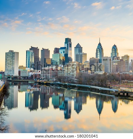Downtown Skyline of Philadelphia, Pennsylvania at twilight Royalty-Free Stock Photo #180201041