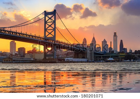 Panorama of Philadelphia skyline, Ben Franklin Bridge and Penn's Landing sunset Royalty-Free Stock Photo #180201071