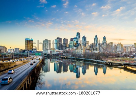 Downtown Skyline of Philadelphia, Pennsylvania at twilight Royalty-Free Stock Photo #180201077