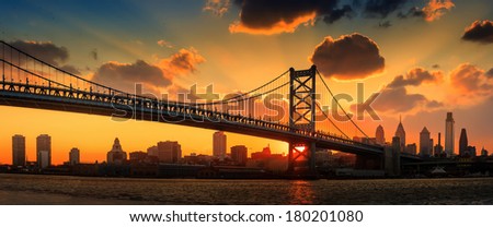 Panorama of Philadelphia skyline, Ben Franklin Bridge and Penn's Landing sunset