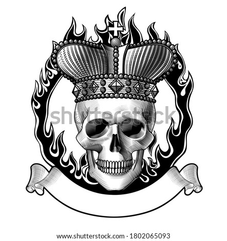 Human skull full face in crown, fiery ring and a retro ribbon banner isolated on white. Black and white tattoo symbol. Vector illustration