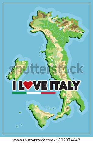 Colorful geographic Italy map. I love Italy typography, t-shirt graphics. Vector illustration.