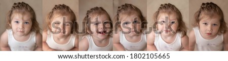 Collage with pictures of different children's emotions. Cute little caucasian girl smiling, sad and angry. Banner and copy space