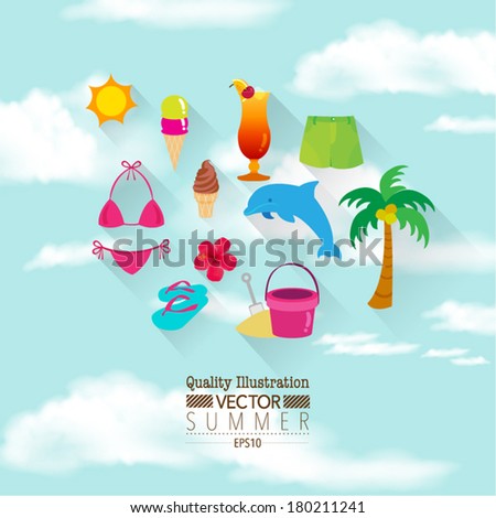 Summer Flat Vector Icon Set : Bikini, Ice Cream, Dolphin, Beach, Sky, Cocktail.