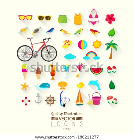 Lifestyle Flat Vector Icon Set : Summer, Ice Cream, Bikini, Beach, Sky, Holiday, etc.