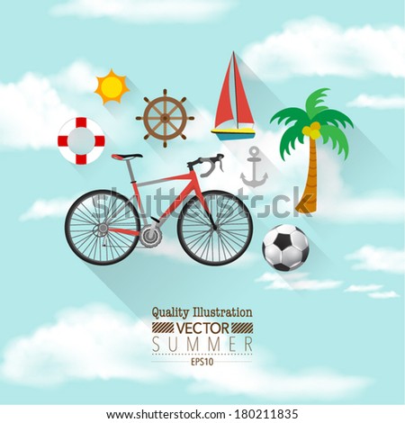 Summer Flat Vector Icon Set : Bicycle, Sun, Sail Boat, Soccer, Anchor, Palm Tree.