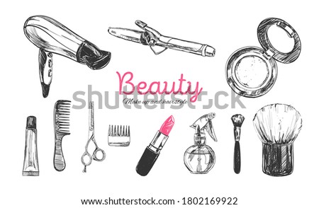 Beauty store background with make up artist and hairdressing objects: lipstick, cream, brush. Template Vector. Hand drawn isolated objects