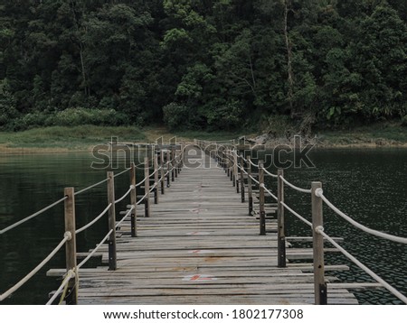Wooden bridge on the river with a beautiful view and green Royalty-Free Stock Photo #1802177308