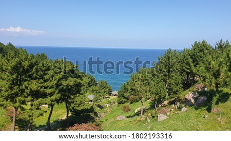Yeongdeok/Republic of Korea  -  August 22, 2020 : a picture of the sea and forest. There is a clear sky, sea, and blue mountain.